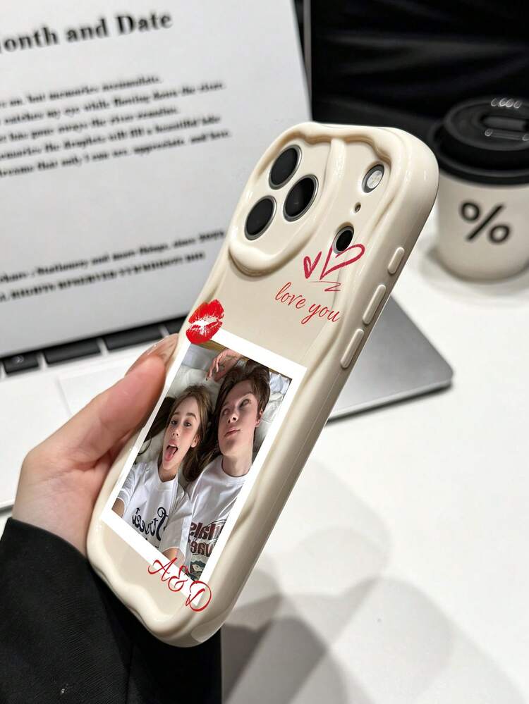 1pc Customized Personalized Photo DIY Couple Initial Heart Element Pattern Fashion Cream Texture Full Coverage Anti-Drop Soft Phone Case Compatible With Apple Duo/18ProMax/17ProMax/16Pro/15/14Plus/13Pro/12ProMax/11/XsMax/8/7/6Plus Premium Business, Best Gift For Boss, Friends, Father, Mother, Boyfriend, Girlfriend - White - View 4