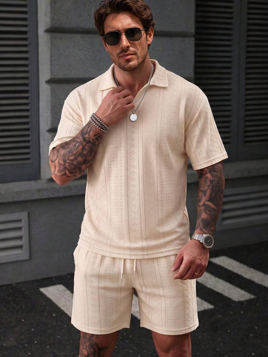 Men's Short Sleeve Casual Suit, Jacquard Polo Shirt Set For Holiday, Daily Commute - Apricot - View 1