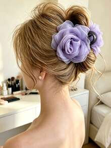 1pc Women's Sweet Elegant Mesh Flower Hair Claw Clip, Suitable For Daily Wear And Vacation - Mauve Purple - View 4