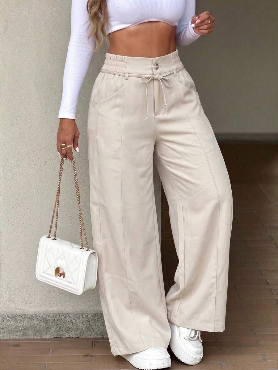 GLAMSKIN Women's Autumn Basic Drawstring Elastic Waist Wide Leg Pants, Stitching Detail Loose Long Pants, Suitable For Back To School, Church, Outings And Streetwear Casual Bottoms - Apricot - View 1