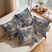4 Stücke/1 Stück Winterliche Schneehütten-Muster Kissenbezug ohne Füllung, einseitig bedruckter Kissenbezug, geeignet für Wohnzimmer, Schlafzimmer, Heimdekoration, ganzjährig verwendbarer Kissenbezug - Verschiedenfarbig - Übersicht 8