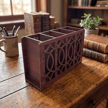 1pc 4-Compartment Wooden Hollow Floral Pattern Double-Sided Wood Grain Theme Remote Control Box, Pen Holder And Other Items Desktop Storage Box. Suitable For Kitchen And Home Decor Large Storage Space. Harvest Gift, Small Gift For Colleagues, Holiday Gift - Redwood - View 3