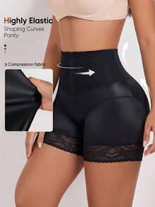 Women's High Waist Lace Patchwork Shaping Shorts, Tummy Control Butt Lift Smoothing Underwear, Soft Comfortable Shorts, Suitable For Autumn And Party - Black - View 3