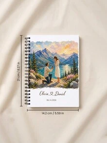 1pc Custom Couple Photo And Text Spiral Notebook, Custom Oil Painting Proposal Scene Journal, Unique Engagement Keepsake Gift For Fiancé Fiancée Wedding Memory Book - Multicolor - View 7