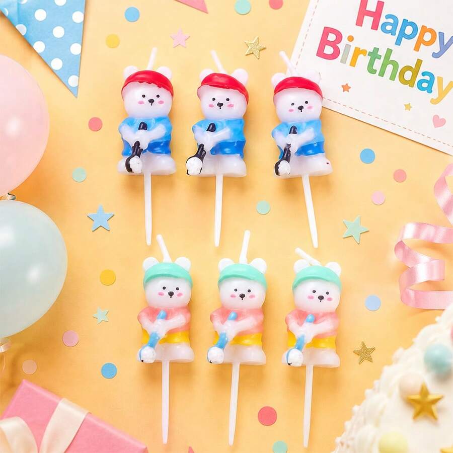 HIBIRTH 3pcs Creative Golf Bear Shaped Candles, Cartoon Pink & Blue Bear Cake Decor, Birthday Party Celebration Baking Toppers