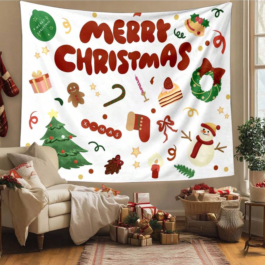 Wall Hanging Tapestry Christmas Tree Gingerbread Man Wreath Stocking Candy Cane Cake Print Merry Christmas X Mas Pattern Winter Holiday Backdrop Decor For Dorm Bedroom Living Space Party Background Ornament - Multicolor - View 1