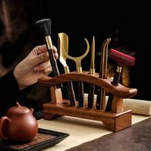 1pc Walnut Wood Tea Set Storage Rack, Six Gentlemen Tea Utensil Holder, Tea Art Decor, Makeup Brush Storage Display Stand, Suitable For Tea Room, Vanity, Desktop Organization - Mocha Brown - View 9