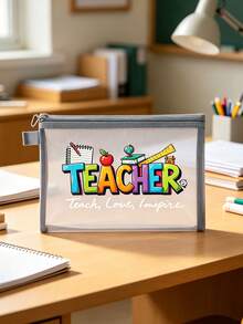 網格拉鍊收納袋，印有「Teach Love Inspire」字母圖案，教師收納袋，大容量便攜多功能收納盒，鉛筆盒與化妝品收納盒，教師感謝禮物，教育工作者感謝禮物，學校辦公旅行假期生日禮物 - 彩色 - 查看 10