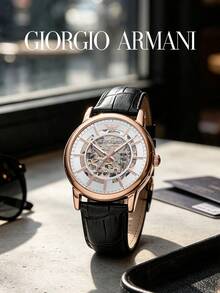 Armani Men's Automatic Mechanical Watch, Silver Hollow Dial, Black Crocodile Leather Strap, 30m Water Resistant AR60007 - Rose Gold - View 1