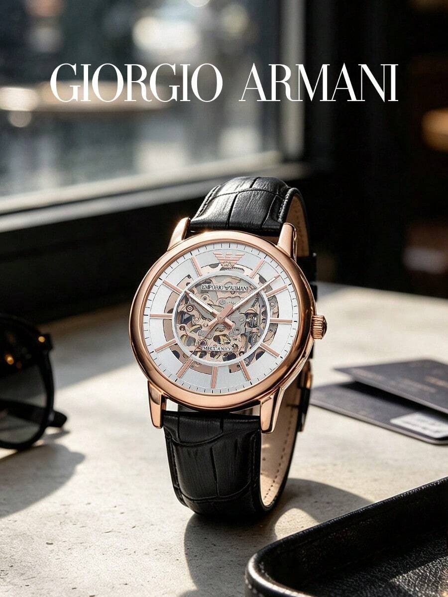 Armani Men's Automatic Mechanical Watch, Silver Hollow Dial, Black Crocodile Leather Strap, 30m Water Resistant AR60007 - Rose Gold - View 1