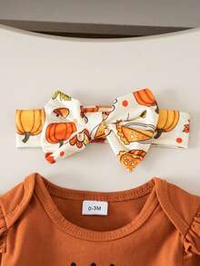 2pcs Baby Girl Cute Turkey Pattern Long Sleeve Bodysuit, Shorts, Socks, Headband Set, Thin Spring/Autumn Holiday - Mocha Brown - View 4