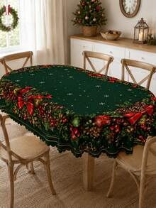 1pc Dark Green Christmas Wreath Tablecloth, Elegant Polyester Rectangular Tablecloth, Printed With Pine Branches, Red Bows, Berries And Decorative Balls Pattern, Suitable For Kitchen Decor, Home Decor, Room Decor, Christmas Home Decor And Classroom Decor - Multicolor - View 2