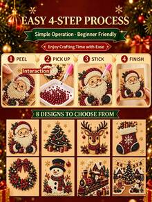 DIY Christmas Pearl Diamond Painting Art Kit, Includes Frame, Beads, Gemstone Stickers, Handmade 3D Holiday Decor, Adult Gift, 5 Classic Design Beaded Decoration Set - Sets - View 3