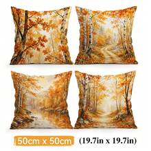 4pcs Autumn Landscape Decorative Pillow Covers, Watercolor Birch Forest Maple Leaf Lake Path Print Pattern, Single-Sided Printed Pillow Covers/Cushion Covers, Multi-Scene Atmosphere Decorative Pillow Covers Suitable For Living Room Sofa Bedroom, Pillow Inserts Not Included - Multicolor - View 12