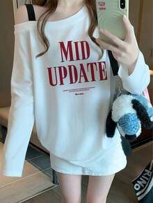American Vintage Letter Print Long Sleeve T-Shirt Women Open Shoulder Design Top Loose Fit Slimming Casual Base Layer White - White - View 1