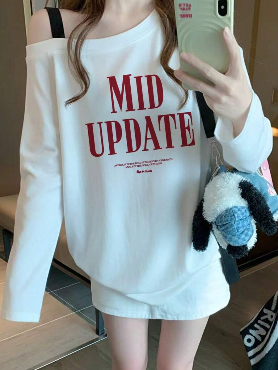 American Vintage Letter Print Long Sleeve T-Shirt Women Open Shoulder Design Top Loose Fit Slimming Casual Base Layer White - White - View 1