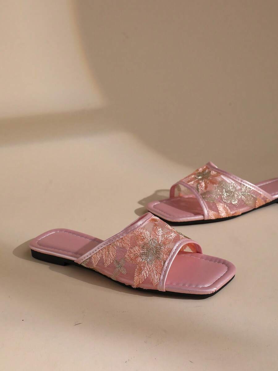 French Floral Mesh Square Toe Slide Sandals For Women, Summer Outdoor Flat Fairy Style Vacation Slippers - Pink - View 1
