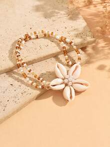 1pc Shell Faux Pearl Flower Pendant Anklet, Fashion Double Layer Rice Bead Decor Women's Foot Jewelry, Suitable For Daily Wear, Vacation, Date, Party, Music Festival, The Color And Quantity Arrangement Of Colored Rice Beads Are Random And Not Fixed - Multicolor - View 3