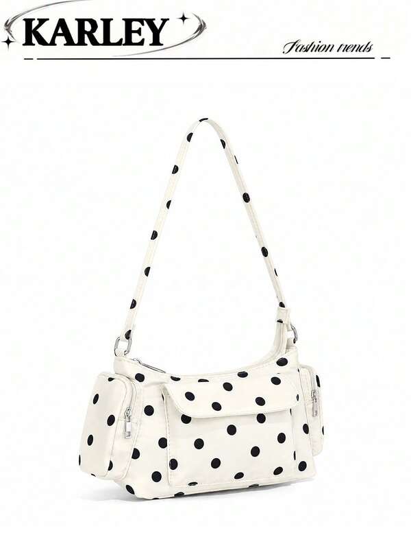 Cream White & Black Polka Dot Multi-Pocket Nylon Baguette Underarm Bag, Lightweight Y2K Style, Storage Bag, Daily Commute, Casual, Sweet Girl, Versatile Shoulder Small Bag
