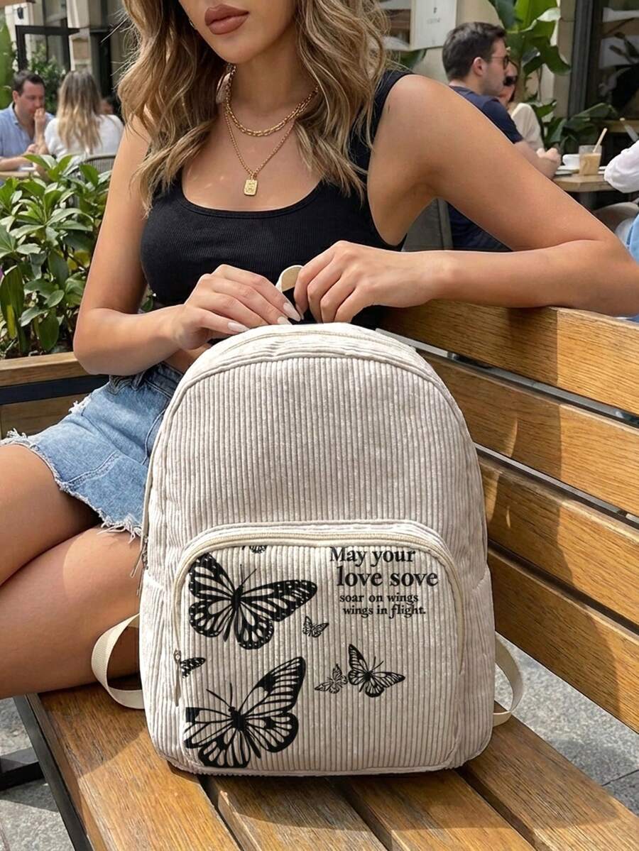 1PC Backpack, Women's Mini Backpack, Corduroy Girl Schoolbag, Travel Storage Bag, Butterfly Print Design, Large‑Capacity Foldable Easy‑To‑Store Bag, Lightweight & Pressure‑Relieving, Multi‑Pocket Layered Design With Zipper Closure - Text Butterfly 21817 - View 1