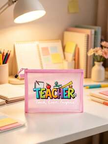網格拉鍊收納袋，印有「Teach Love Inspire」字母圖案，教師收納袋，大容量便攜多功能收納盒，鉛筆盒與化妝品收納盒，教師感謝禮物，教育工作者感謝禮物，學校辦公旅行假期生日禮物 - 彩色 - 查看 9