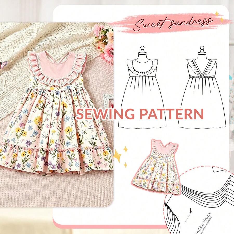 Ruffled Bib Sundress Sewing Pattern, Physical Kraft Paper Template With Paper Instructions, 9 Sizes (Height 89-140cm / 35-55"), Easy DIY Cross Back Apparel Stencil For Birthday Celebration, Summer Camp Outfit & Theme Park Trip - A - View 1