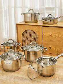 3‑Piece /6‑Piece Cookware Set Optional, Thickened Food‑Grade Stew & Stock Pots, Heat‑Resistant Glass Lid Design, Heat‑Resistant Anti‑Scald Handles, Polished Silver Metal Finish, Glass Lids With Vent Holes, Must‑Have Kitchen Essentials - View 10