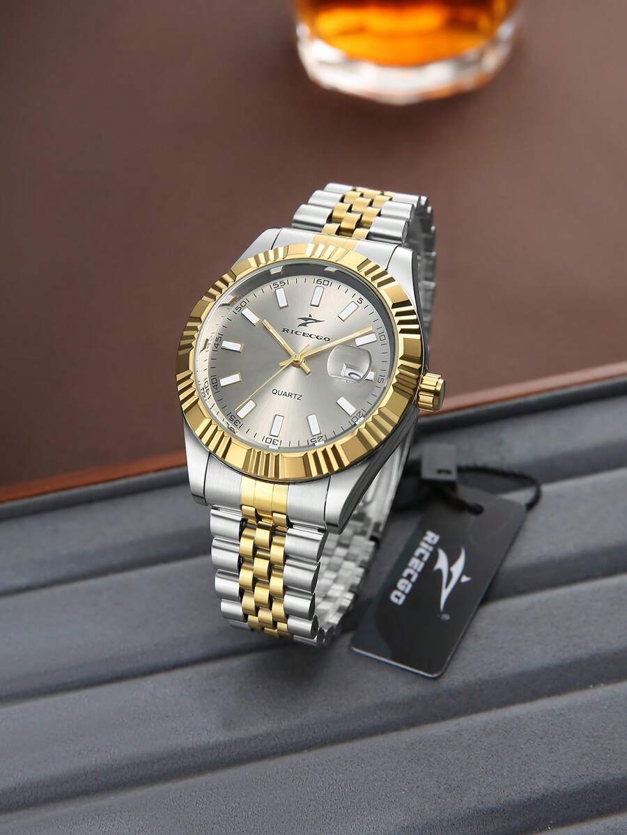 RICECGO 1pc Men's Fashion Steel Band Business Quartz Watch With Calendar, Holiday Gift, Adjustable Strap - Silver and Gold - View 1