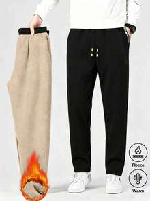 Men's Velvet Lined Straight Leg Sweatpants, Elastic Drawstring Waist With Zipper Pockets, Winter Warm Casual Pants - Black - View 1