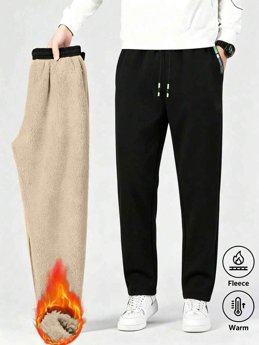 Men's Velvet Lined Straight Leg Sweatpants, Elastic Drawstring Waist With Zipper Pockets, Winter Warm Casual Pants - Black - View 1