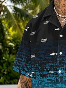 Men's Gradient Shark Print Cuban Collar Shirt And Drawstring Waist Shorts 2 Pieces Set, Suitable For Beach Vacation - Multicolor - View 3