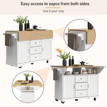 Kitchen Island On Wheels, Extendable Kitchen Trolley With Foldable Tabletop, 3 Drawers, 2 Door Cabinets, Spice Rack And Towel Rail, 120 X 40-80 X 95cm - White - View 5