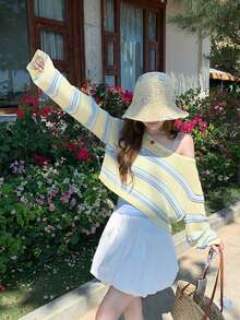 Atmospheric Gentle Korean Style, Bestselling Striped Knit Cover Up, Round Neck Short Hollow Knit Sweater, Spring/Autumn, Loose Collarbone Design Fall - Yellow - View 7