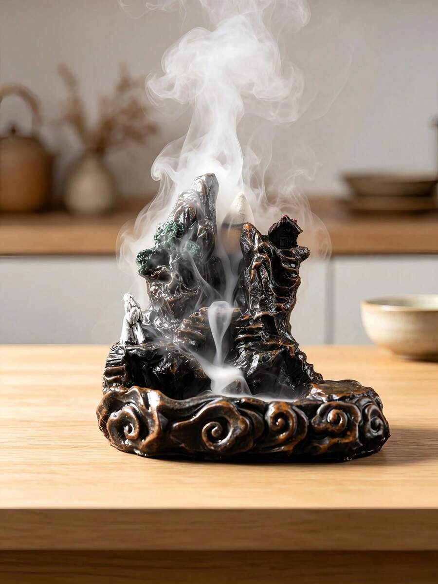 1pc Mountain Village Waterfall Backflow Incense Burner Resin Retro Natural Scenery Sculpture For Coffee Table Desk Entryway Study Room Zen Atmosphere Relaxation Modern Home Decoration - Landscape - View 1