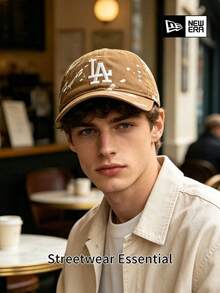New Era Brown LA Baseball Cap, Distressed Splatter Detail And Embroidered Logo, Casual Street Style OOTD Accessory - Camel - View 3