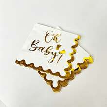 「Oh Baby!」金色箔印拋棄式紙巾，白色帶金邊優雅波浪邊框餐巾紙，適用於嬰兒洗禮、性別揭曉、生日派對 - 白色 - 查看 5