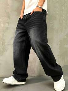 2605MJEN01 Jeans Hombre Baggy Holgados Pantalón de Mezclilla Oversize Aesthetic Minimalista Deslavado Vintage Outfit Calle Verano Otoño Cómodo y Transpirable Enviado desde México - Negro - Ver 2