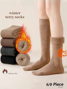 2/4 Pairs Women's Knee-High Socks, Thermal Lined Warm Design, Thick Mid-Calf Thermal Socks, Solid Color Floor Slippers Sleep Socks, Suitable For Autumn/Winter Cold Weather, (1 Pair), 6/8piece - Multicolor - View 18