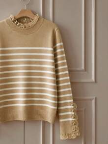 Sweater Rajut Bergaris Kontras Warna untuk Wanita, Cocok untuk Acara Santai/Bangun di Musim Gugur/Dingin, Kerah Renda, Detail Kancing di Manset, Sesuai untuk Acara Makan Siang Santai. - MultiWarna - View 10