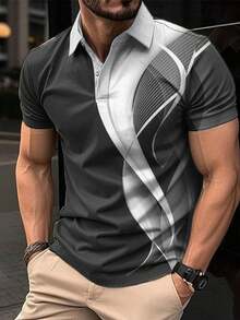 Men's Casual Short Sleeve Waffle Polo Shirt, Geometric Digital Print Business Commute Formal Golf Shirt, Summer Wear - Multicolor - View 10