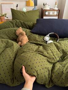 4-Piece Olive Green & Navy Blue Polka Dot Print Bedding Set, Contrast Pillowcase Design, Soft & Comfortable All-Season Bedding Set Including 1 Duvet Cover, 1 Bed Sheet, 2 Pillowcases, No Filling, Suitable For Dorm, Bedroom, Home Use, Multiple Size Options - Olive Green - View 4