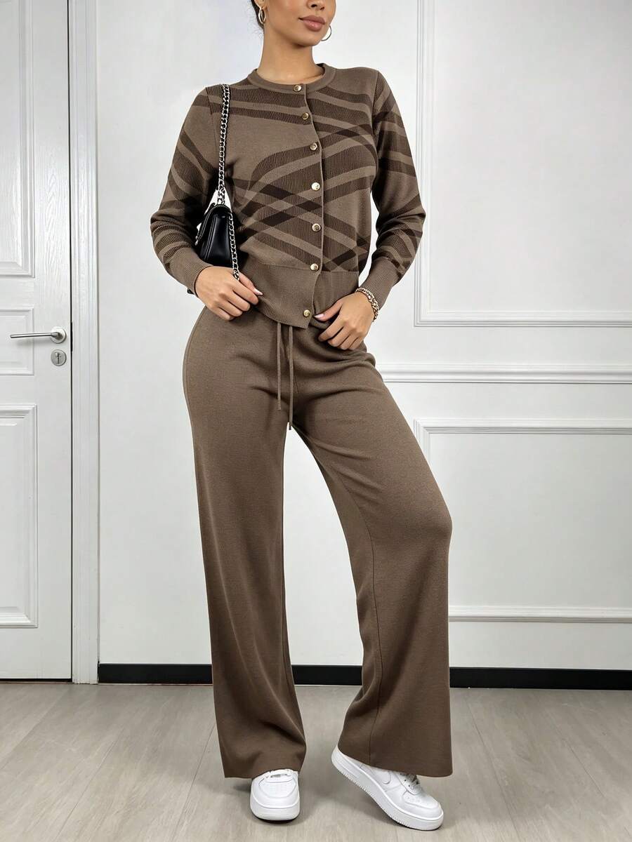Conjunto mujer 2 piezas: suéter manga larga y pantalones largos, diseño moderno, tejido suave abrigado para otoño‑invierno, look elegante y acogedor. - Marrón Mocha - Ver 1