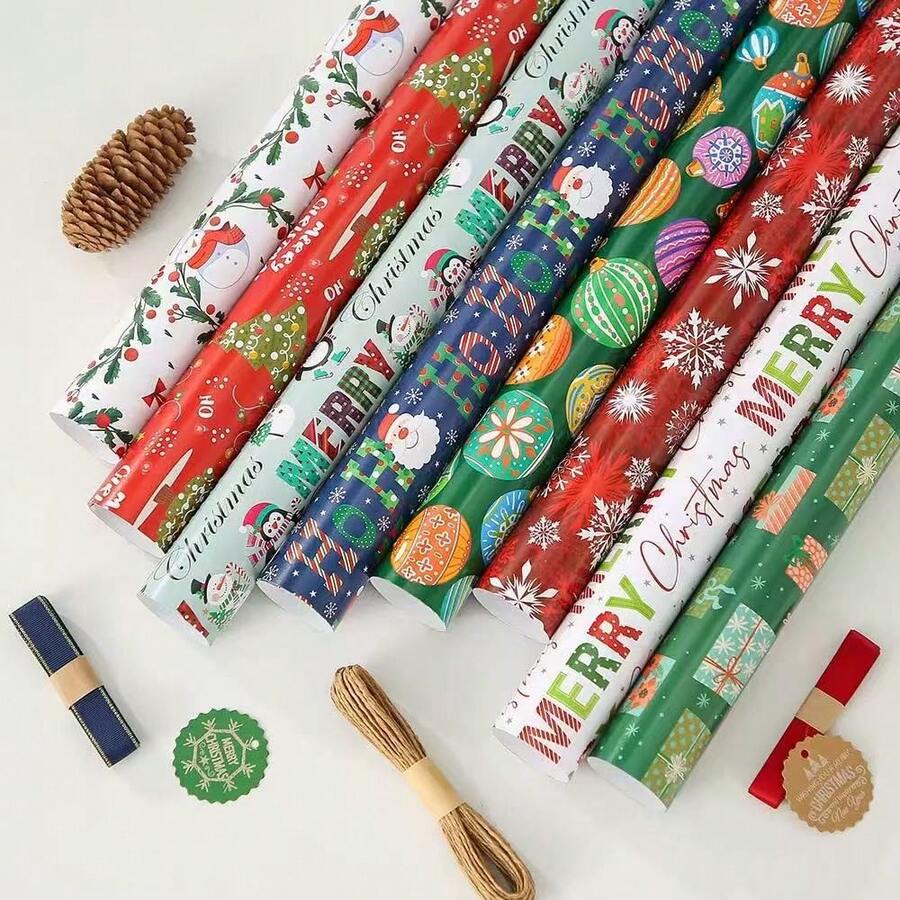 34/68/106pcs Christmas Gift Wrapping Paper(Includes Stickers), Cute Santa Claus Christmas Hat Christmas Snowman Wrapping Paper,Various Patterns - Style B - View 1