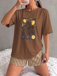 Camiseta Feminina Estampa Floral de Limão "La Vita" Camisa Algodão - marrom - Visão 4