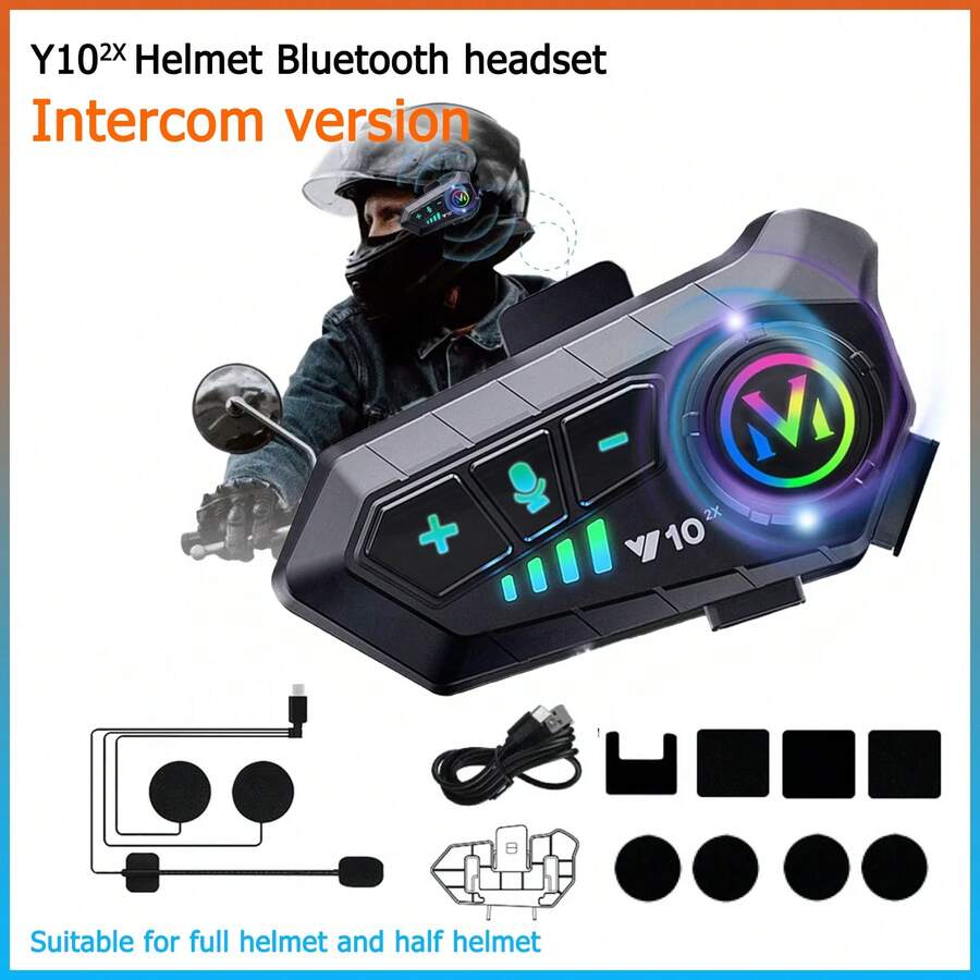 Y10-2X Motorcycle Helmet Bluetooth Intercom, Bluetooth BT5.3, Built-In Intercom Microphone 500m Range, Suitable For Rider-To-Rider Communication, 1000mAh Large Battery, IP56 Waterproof & Dustproof, Music Sharing Intercom With Noise Cancellation, RGB, Supports AI Voice Assistant, Connects To 2 Phones Simultaneously, Ideal Outdoor Riding Gear. Fits All Helmets, Weather-Resistant. (Dual Intercom, 500M Range For Same Model, Does Not Support Connecting Other Models)