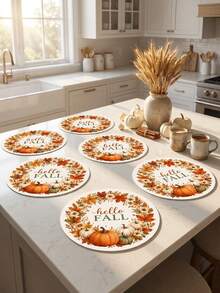 "Hello Fall" Pumpkin & Floral Wreath Round Placemat, Orange Maple Leaf & Daisy Pattern, Rustic Farmhouse Style Printed Table Mat, Suitable For Kitchen Dining Table, Thanksgiving Harvest Gathering And Autumn Home Decor - Multicolor - View 7
