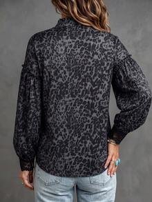 Fashionable Leopard Print Women's Long Sleeve Button-Down Shirt, Contrast Lace Cuffs And Bishop Sleeves, Elegant Polyester Top - Multicolor - View 6