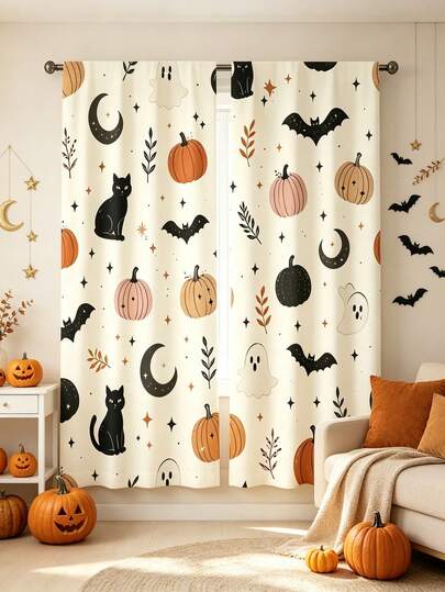 2 piezas Cortinas con estampado de elementos de Halloween pintados a mano, estampado completo de gato negro, calabaza, fantasma, murciélago y patrón de luna y estrellas, estampado plano 2D, translúcido, cortinas de otoño/Halloween, adecuadas para dormitorio, sala de estar, decoración de ventana de Halloween, solo se incluyen las cortinas sin accesorios