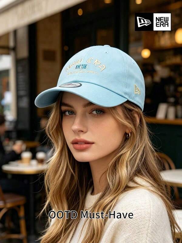 New Era Light Blue Baseball Cap, Embroidered Letter Logo Curved Brim Hat, Adjustable Casual Hat, Unisex