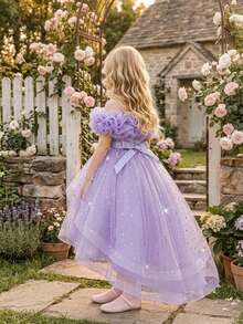 Young Girls Sequin Pleated Tulle Elegant Hostess Evening Gown With Train, Suitable For Party, Headband Not Included - Purple - View 8